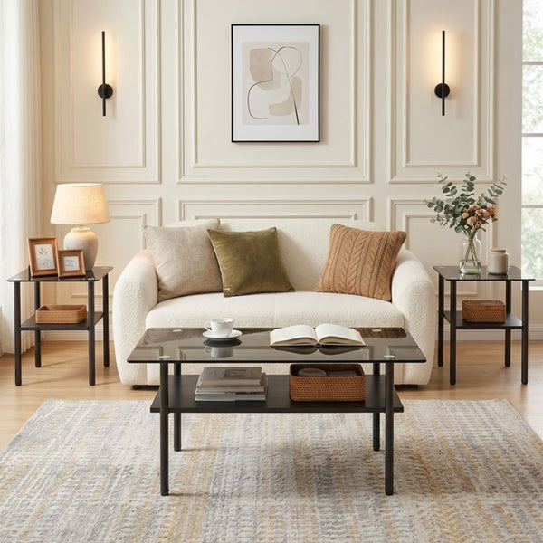 English Elm Coffee Table Set of 3 with Tempered Glass Top and Metal Legs for Modern Living Rooms Black W241S00068
