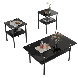 English Elm Coffee Table Set of 3 with Tempered Glass Top and Metal Legs for Modern Living Rooms Black W241S00068
