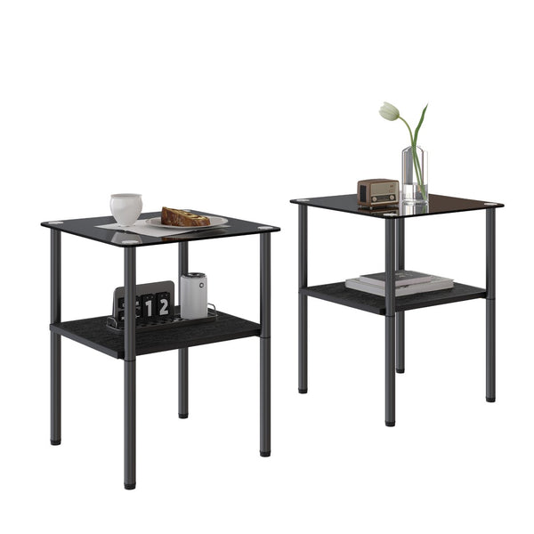 English Elm Coffee Table Set of 3 with Tempered Glass Top and Metal Legs for Modern Living Rooms Black W241S00068