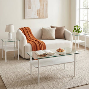English Elm Coffee Table Set of 3 Tempered Glass Top with Metal Legs and MDF Shelf Modern Living White W241S00069