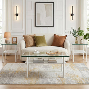 English Elm Coffee Table Set of 3 Tempered Glass Top with Metal Legs and MDF Shelf Modern Living White W241S00069