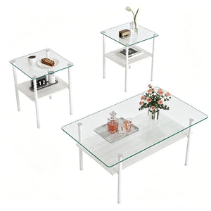 English Elm Coffee Table Set of 3 Tempered Glass Top with Metal Legs and MDF Shelf Modern Living White W241S00069