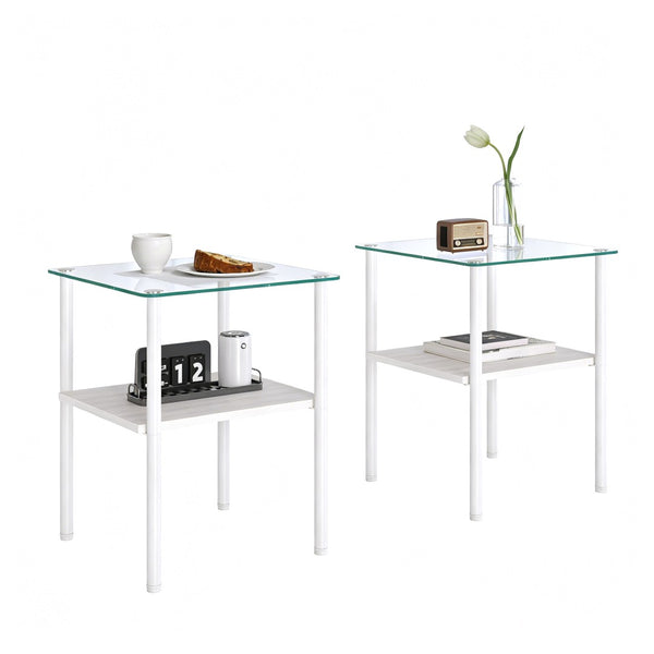 English Elm Coffee Table Set of 3 Tempered Glass Top with Metal Legs and MDF Shelf Modern Living White W241S00069