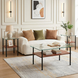English Elm Coffee Table Set of 3 Tempered Glass Top with Metal Legs and MDF Shelf Modern Living Black W241S00070