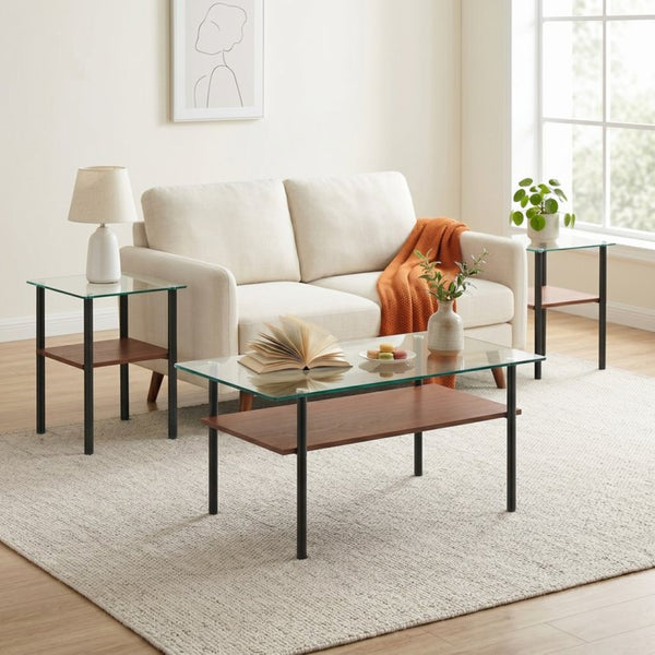 English Elm Coffee Table Set of 3 Tempered Glass Top with Metal Legs and MDF Shelf Modern Living Black W241S00070