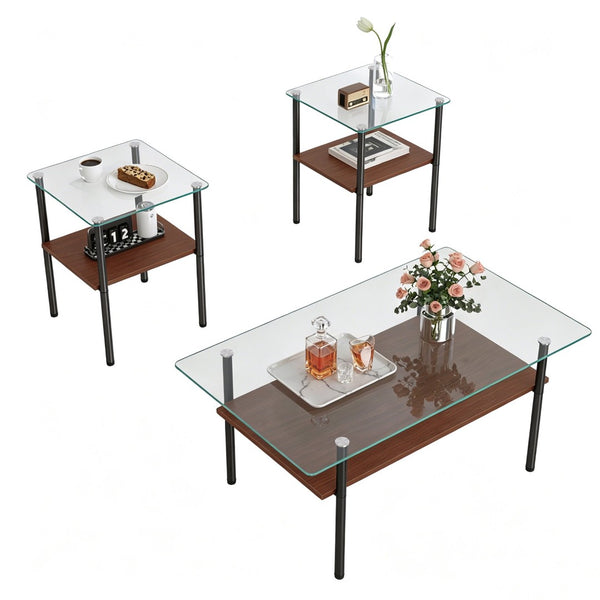 English Elm Coffee Table Set of 3 Tempered Glass Top with Metal Legs and MDF Shelf Modern Living Black W241S00070