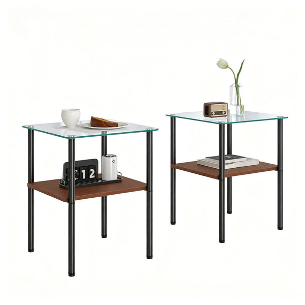English Elm Coffee Table Set of 3 Tempered Glass Top with Metal Legs and MDF Shelf Modern Living Black W241S00070