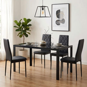 English Elm Modern Glass Top Dining Set Four PU Leather High Back Chairs Sleek Metal Frame W241S00071