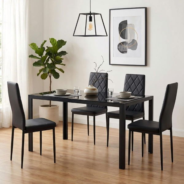 English Elm Modern Glass Top Dining Set Four PU Leather High Back Chairs Sleek Metal Frame W241S00071