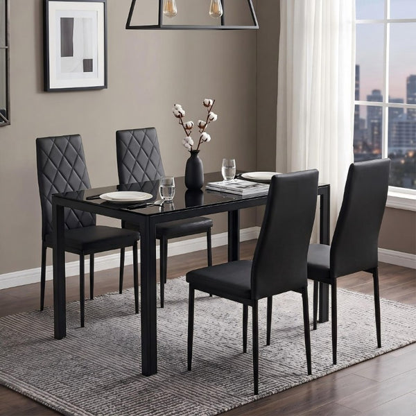 English Elm Modern Glass Top Dining Set Four PU Leather High Back Chairs Sleek Metal Frame W241S00071