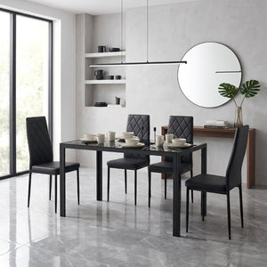 English Elm Modern Glass Top Dining Set Four PU Leather High Back Chairs Sleek Metal Frame W241S00071
