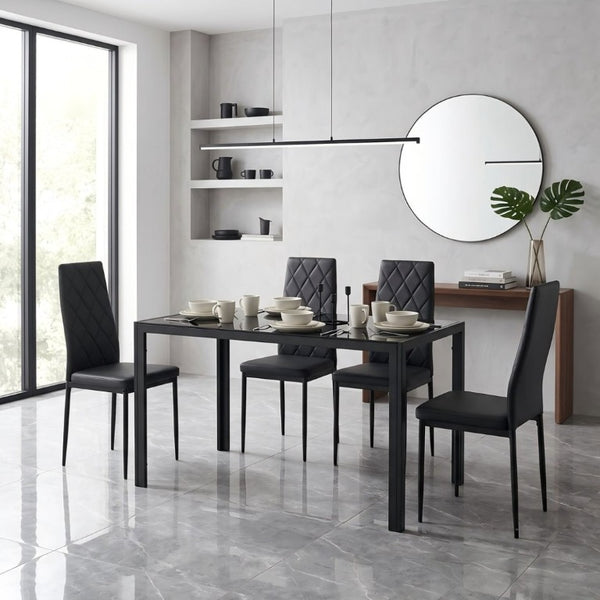English Elm Modern Glass Top Dining Set Four PU Leather High Back Chairs Sleek Metal Frame W241S00071