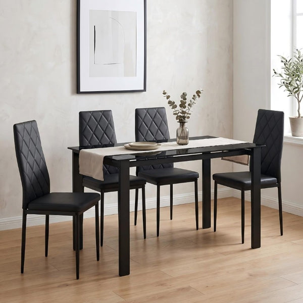 English Elm 52Modern Glass Top Dining Set Seats Four with PU Upholstered Chairs Matte Black Frame W241S00073