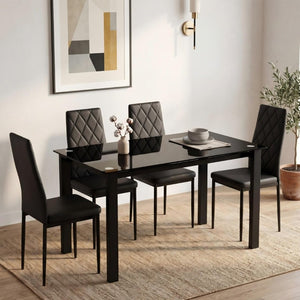 English Elm 52Modern Glass Top Dining Set Seats Four with PU Upholstered Chairs Matte Black Frame W241S00073
