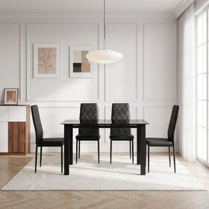 English Elm 52Modern Glass Top Dining Set Seats Four with PU Upholstered Chairs Matte Black Frame W241S00073
