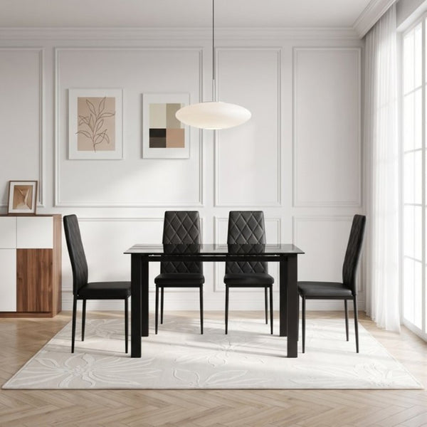 English Elm 52Modern Glass Top Dining Set Seats Four with PU Upholstered Chairs Matte Black Frame W241S00073
