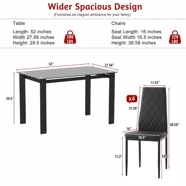 English Elm 52Modern Glass Top Dining Set Seats Four with PU Upholstered Chairs Matte Black Frame W241S00073