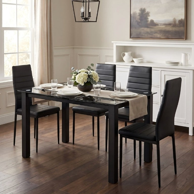 English Elm 52Tempered Glass Top Dining Set Seats Four with PU Leather Chairs Metal Frame W241S00074