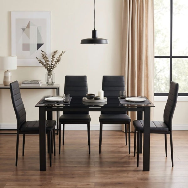 English Elm 52Tempered Glass Top Dining Set Seats Four with PU Leather Chairs Metal Frame W241S00074