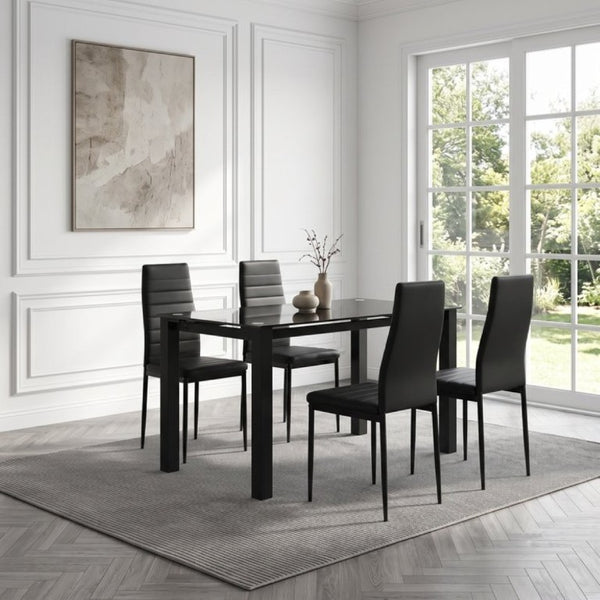 English Elm 52Tempered Glass Top Dining Set Seats Four with PU Leather Chairs Metal Frame W241S00074