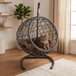 English Elm Cat Egg Chair Swing Bed with Wicker Style Stand and Washable Cushion for Pets W2500P283879