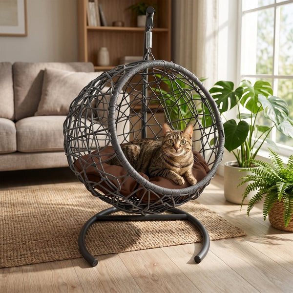 English Elm Cat Egg Chair Swing Bed with Wicker Style Stand and Washable Cushion for Pets W2500P283879