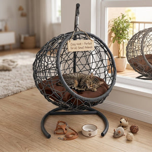 English Elm Cat Egg Chair Swing Bed with Wicker Style Stand and Washable Cushion for Pets W2500P283879