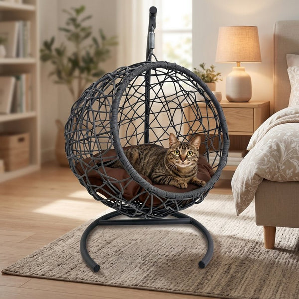 English Elm Cat Egg Chair Swing Bed with Wicker Style Stand and Washable Cushion for Pets W2500P283879