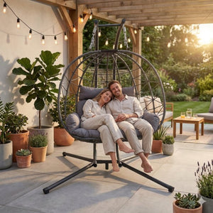 English Elm Foldable Outdoor Wicker Egg Chair with Stand Cushion and Weather Resistant Hdpe Frame Grey W2500P320403