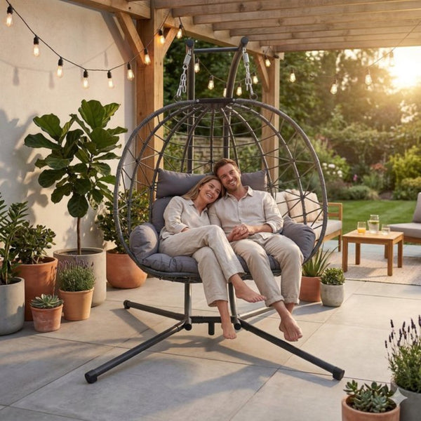 English Elm Foldable Outdoor Wicker Egg Chair with Stand Cushion and Weather Resistant Hdpe Frame Grey W2500P320403