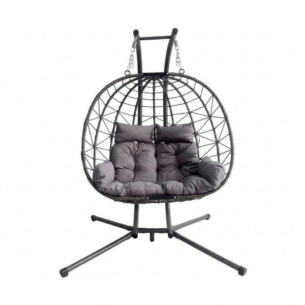English Elm Foldable Outdoor Wicker Egg Chair with Stand Cushion and Weather Resistant Hdpe Frame Grey W2500P320403