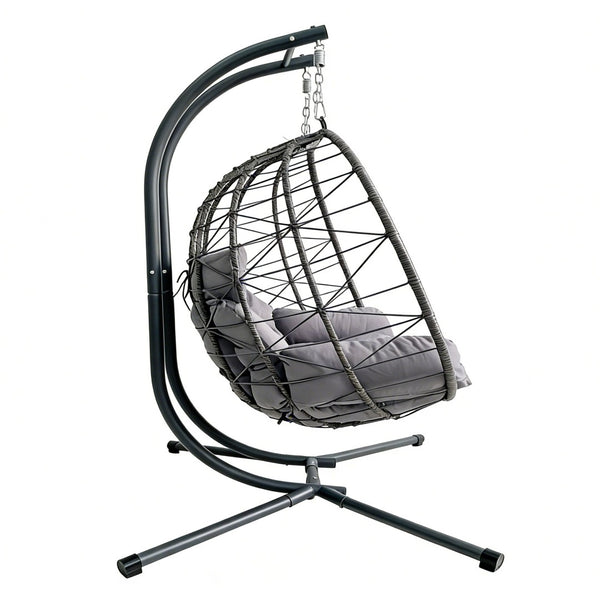 English Elm Foldable Outdoor Wicker Egg Chair with Stand Cushion and Weather Resistant Hdpe Frame Grey W2500P320403