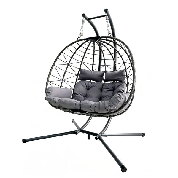 English Elm Foldable Outdoor Wicker Egg Chair with Stand Cushion and Weather Resistant Hdpe Frame Grey W2500P320403