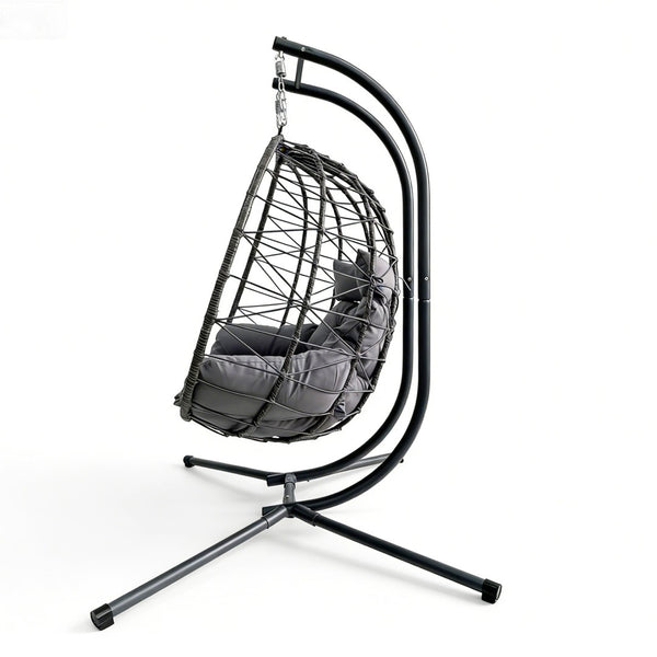 English Elm Foldable Outdoor Wicker Egg Chair with Stand Cushion and Weather Resistant Hdpe Frame Grey W2500P320403