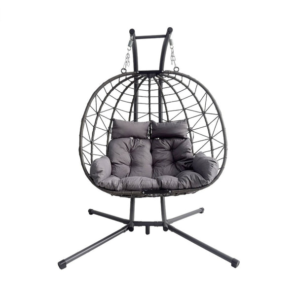 English Elm Foldable Outdoor Wicker Egg Chair with Stand Cushion and Weather Resistant Hdpe Frame Grey W2500P320403