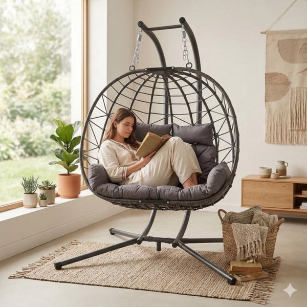 English Elm Foldable Outdoor Wicker Egg Chair with Stand Cushion and Weather Resistant Hdpe Frame Grey W2500P320403