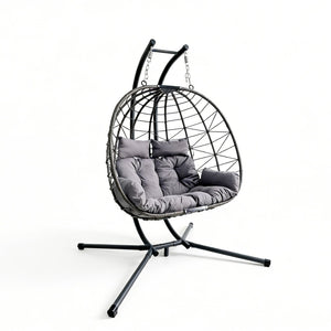 English Elm Foldable Outdoor Wicker Egg Chair with Stand Cushion and Weather Resistant Hdpe Frame Grey W2500P320403