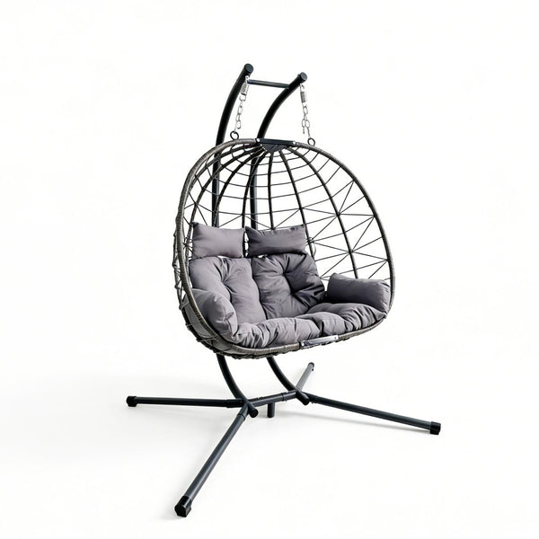 English Elm Foldable Outdoor Wicker Egg Chair with Stand Cushion and Weather Resistant Hdpe Frame Grey W2500P320403