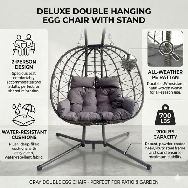 English Elm Foldable Outdoor Wicker Egg Chair with Stand Cushion and Weather Resistant Hdpe Frame Grey W2500P320403