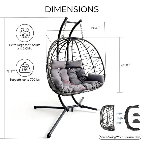 English Elm Foldable Outdoor Wicker Egg Chair with Stand Cushion and Weather Resistant Hdpe Frame Grey W2500P320403