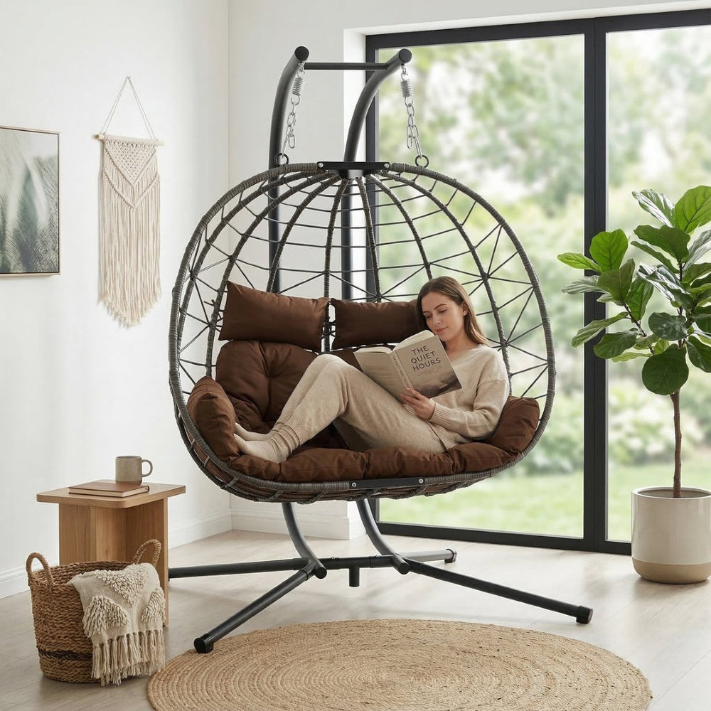 English Elm Foldable Outdoor Wicker Egg Chair with Stand Cushion and Weather Resistant Hdpe Frame Brown W2500P320405