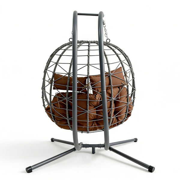 English Elm Foldable Outdoor Wicker Egg Chair with Stand Cushion and Weather Resistant Hdpe Frame Brown W2500P320405