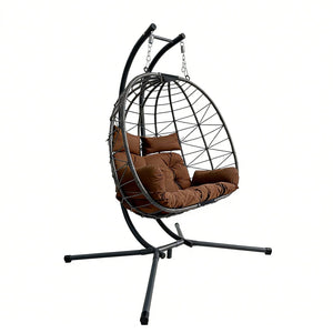 English Elm Foldable Outdoor Wicker Egg Chair with Stand Cushion and Weather Resistant Hdpe Frame Brown W2500P320405