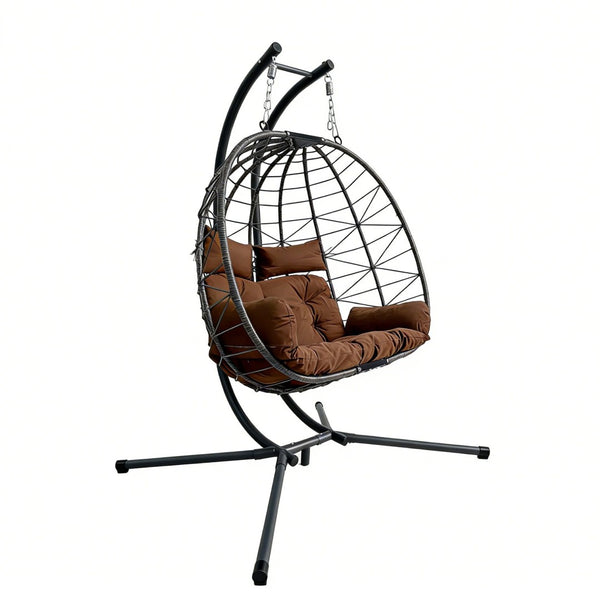 English Elm Foldable Outdoor Wicker Egg Chair with Stand Cushion and Weather Resistant Hdpe Frame Brown W2500P320405