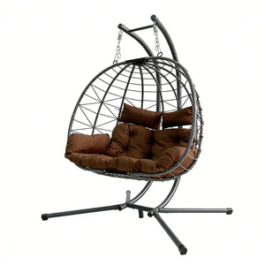 English Elm Foldable Outdoor Wicker Egg Chair with Stand Cushion and Weather Resistant Hdpe Frame Brown W2500P320405