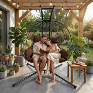 English Elm Foldable Outdoor Wicker Egg Chair with Stand Cushion and Weather Resistant Hdpe Frame Brown W2500P320405
