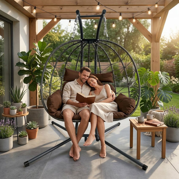 English Elm Foldable Outdoor Wicker Egg Chair with Stand Cushion and Weather Resistant Hdpe Frame Brown W2500P320405