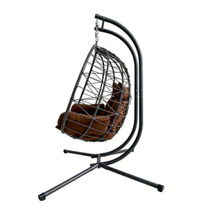 English Elm Foldable Outdoor Wicker Egg Chair with Stand Cushion and Weather Resistant Hdpe Frame Brown W2500P320405