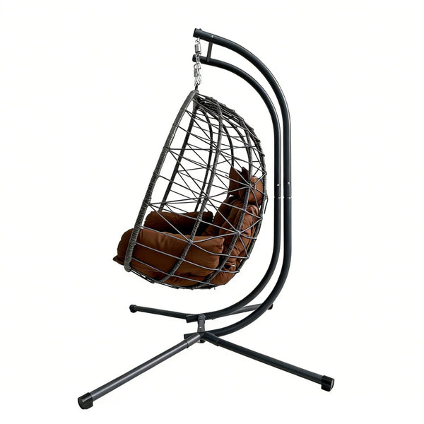 English Elm Foldable Outdoor Wicker Egg Chair with Stand Cushion and Weather Resistant Hdpe Frame Brown W2500P320405
