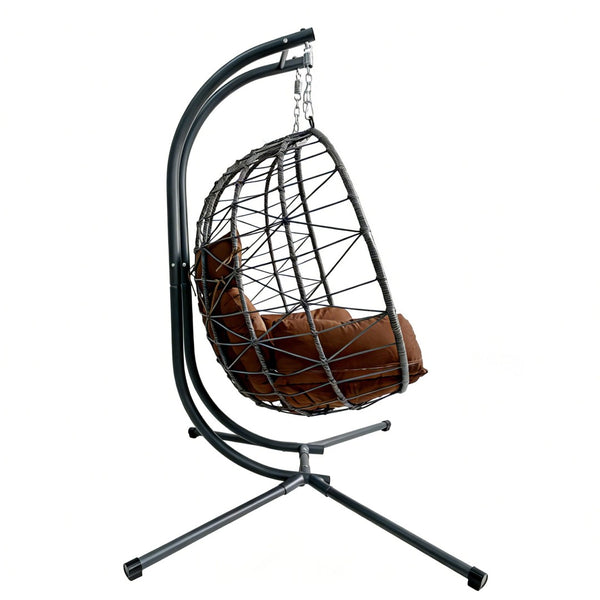 English Elm Foldable Outdoor Wicker Egg Chair with Stand Cushion and Weather Resistant Hdpe Frame Brown W2500P320405